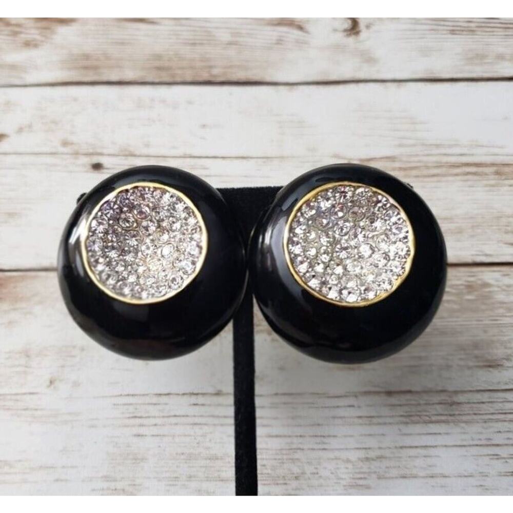 Vintage Essex Clip On Earrings Statement Gold Tone & Black Circle, Clear Gems